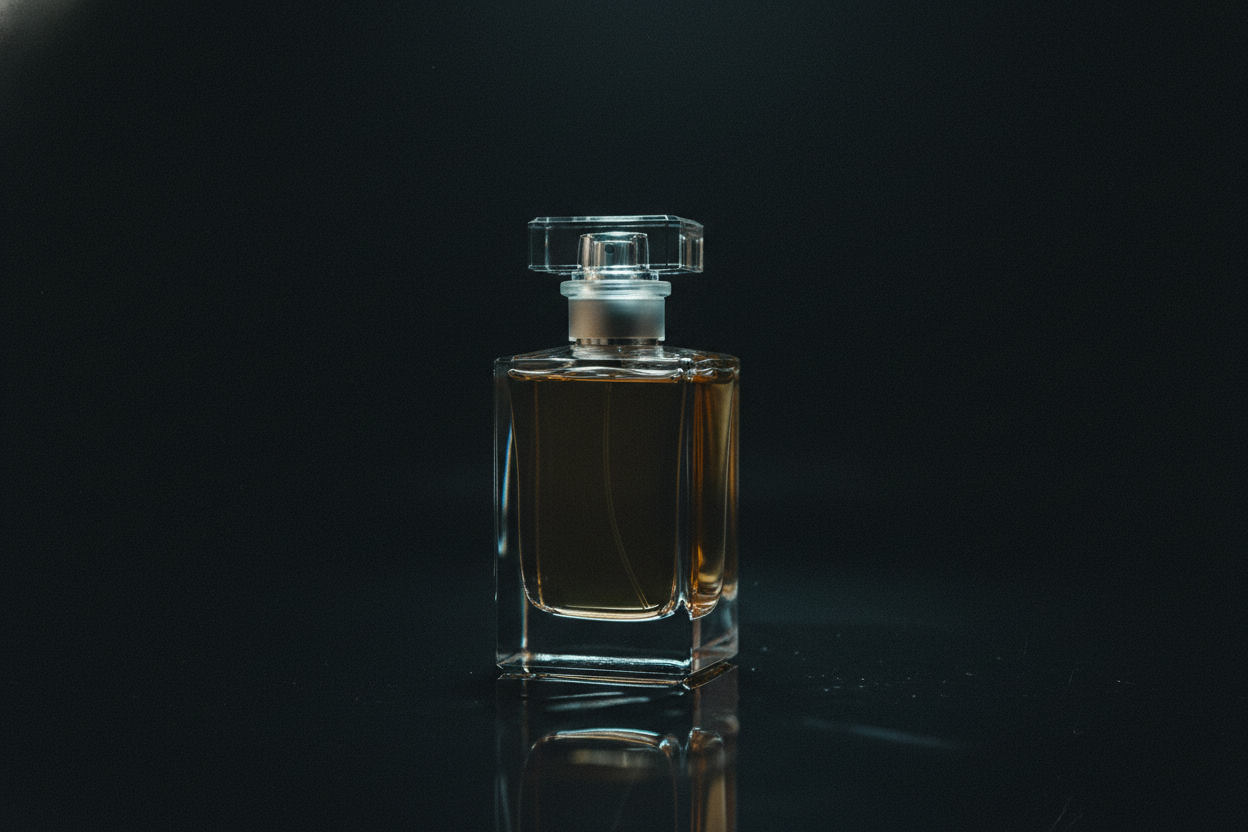 a dark picture of a perfume bottle